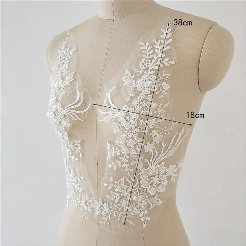 Wedding Dress Decorations with White Lace Flowers, 38x18cm, Pair
