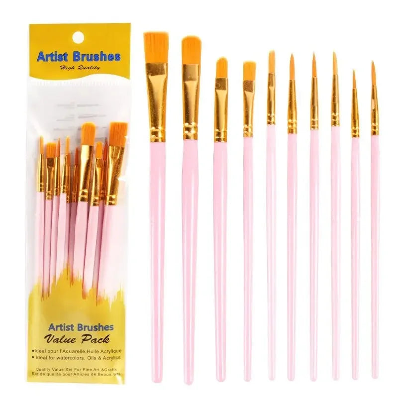 10-Piece Paint Brush Set - Nylon Hair Art & Craft Brushes for Acrylic, Watercolor, Oil, Nail & Face Painting