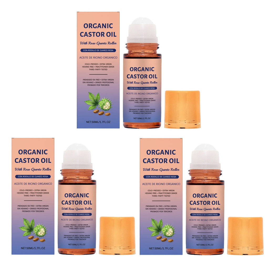 Organic Castor Oil with Rose Quartz Roller - Cold Pressed, Hydrating Skin Care Oil