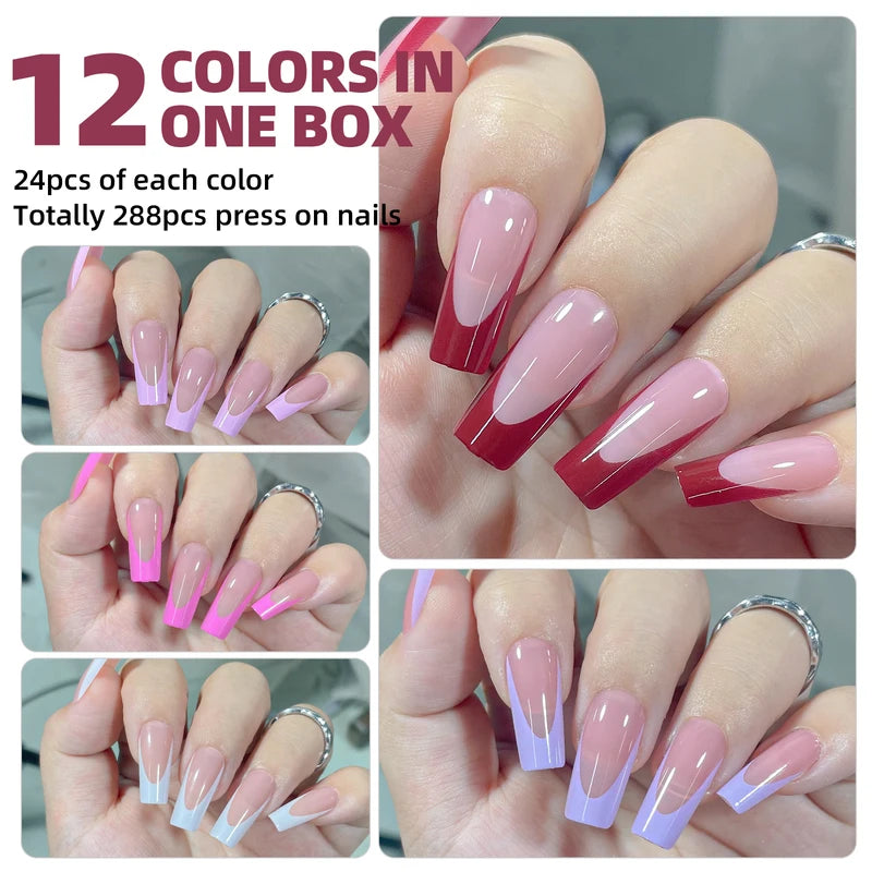 288pcs Acrylic French False Nails Set Medium Square Full Cover Tips for Manicure