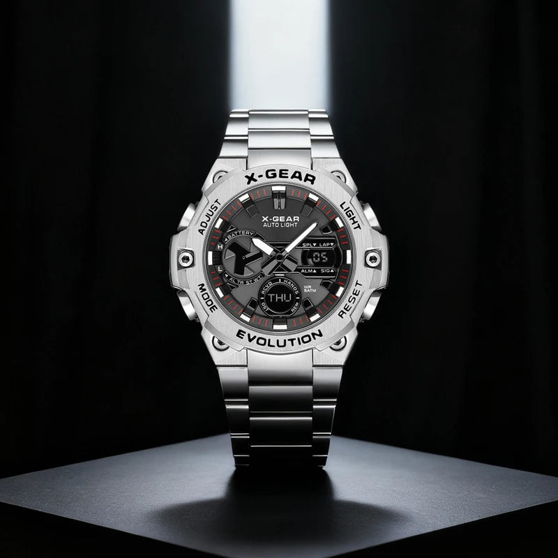 Men's Rotating Windmill Watch with Long Battery Life, Timer & Alarm, Stainless Steel Strap