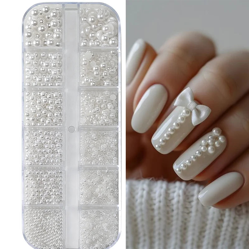 12-Grid Mixed White Pearl Nail Charms for Manicure DIY Jewelry