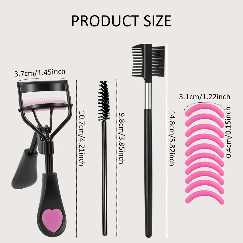 Portable Eyelash Curler with 10 Silicone Pads & Spiral & Eyebrow Comb - Gentle Lash Care
