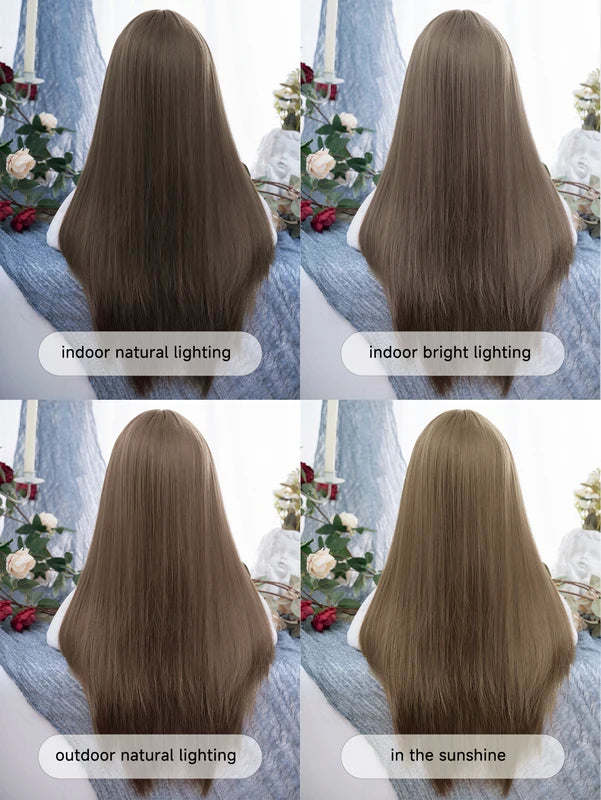 28 Inch Honey Ash Brown Synthetic Wigs with Bangs - Long Straight Hair for Women