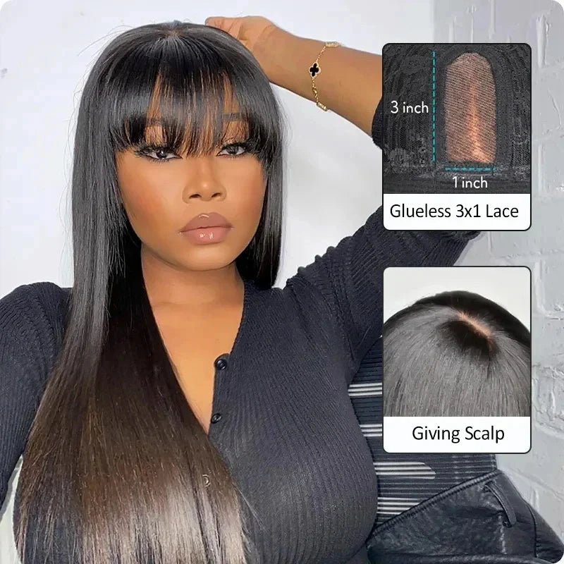 Human Hair Wigs with Bangs 30 Inch HD Lace Straight Full Machine Made Natural Color