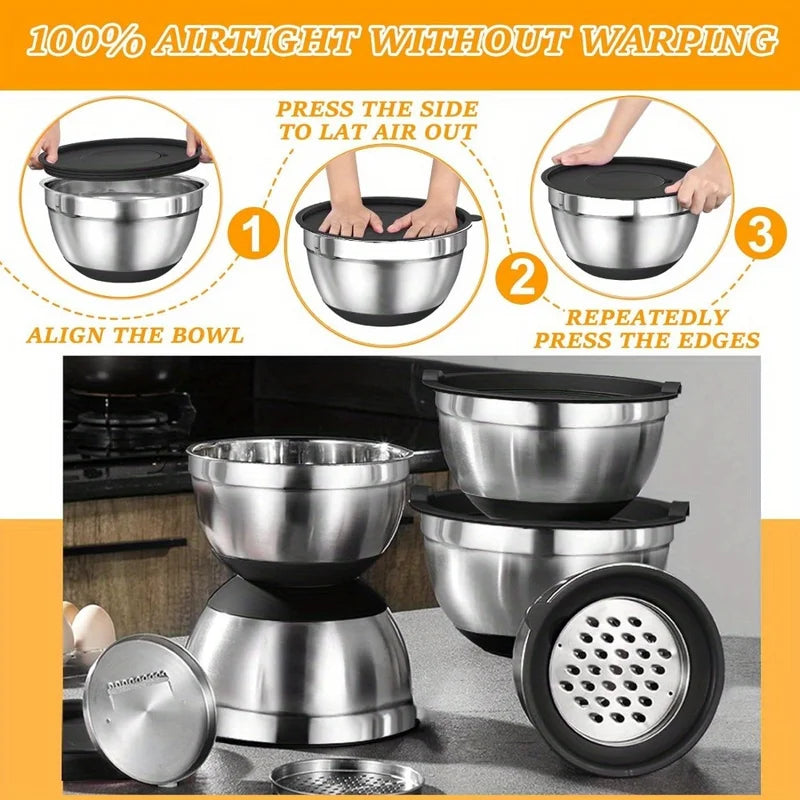17pcs Stainless Steel Mixing Bowl Set with Lids Non-Slip Kitchen Utensils