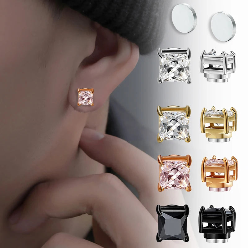 Magnetic Non Piercing Ear Stud Clip Earrings for Men Women - Zircon Round
