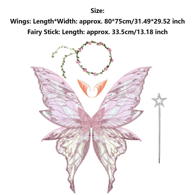 Fairy Elf Costume Wings Set with Elf Ears, Fairy Stick & Garland for Cosplay & Party
