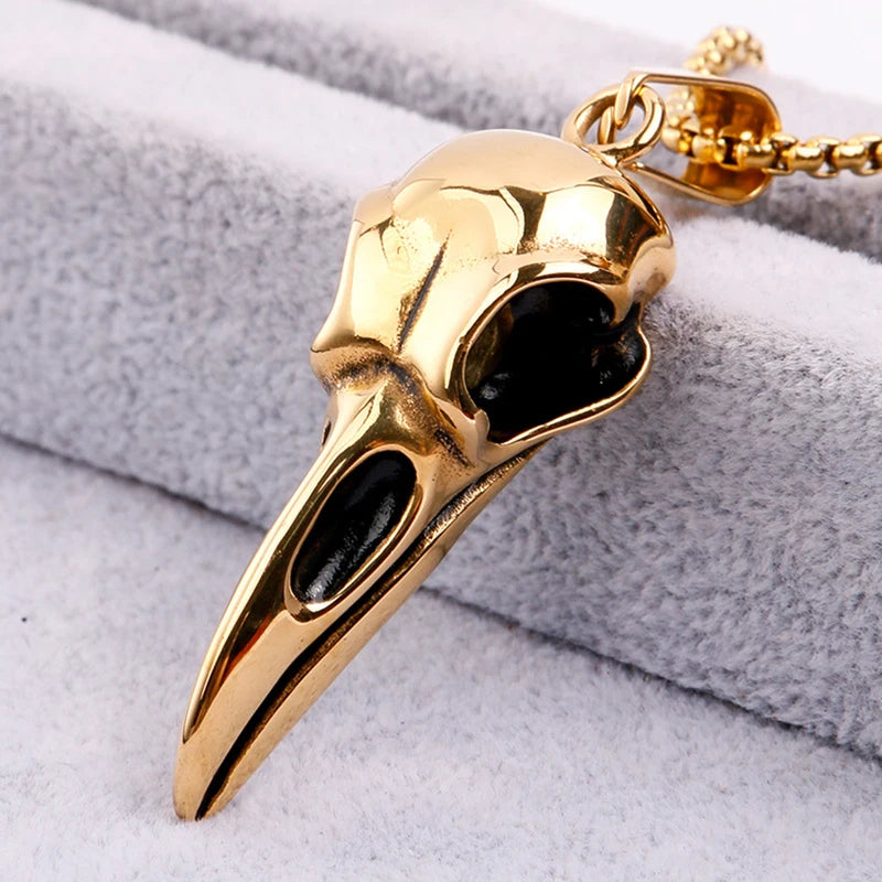 Vintage Viking Crow Head Pendant Necklace for Men Women Stainless Steel Jewelry