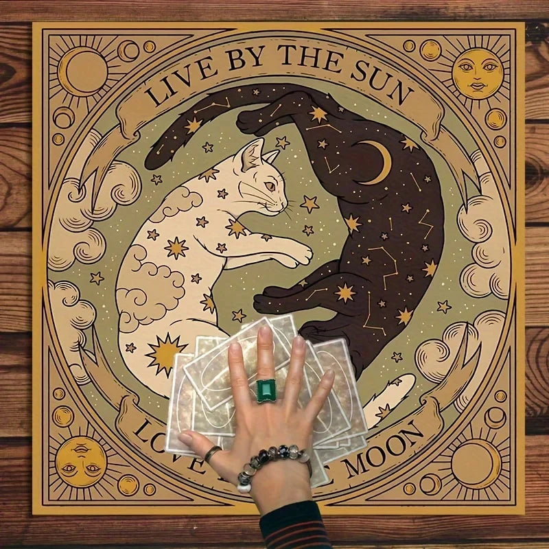 Celestial Sun and Moon Cat Altar Tablecloth with Starry Sky and Tarot Elements — Multiple Sizes