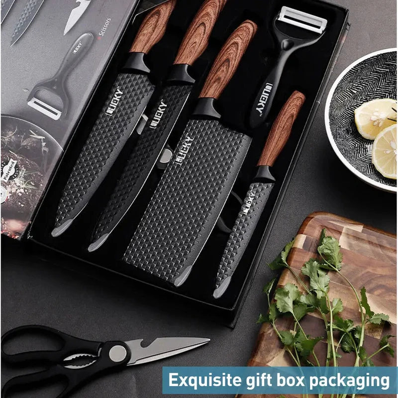 6-Piece Stainless Steel Kitchen Knife Set with Wooden Handles - Sharp & Durable