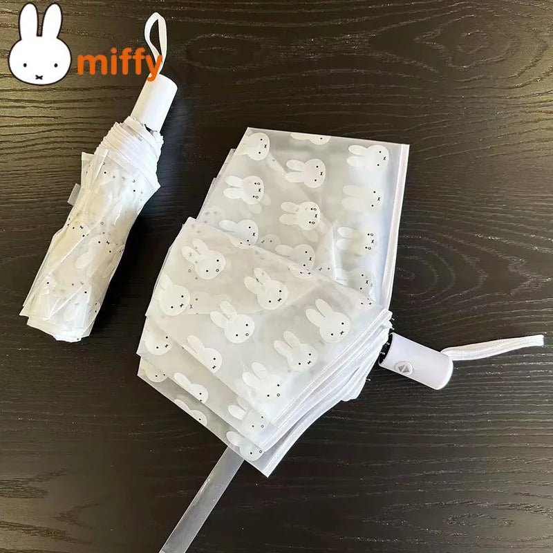 Cute Frosted Transparent Umbrella - Fully Automatic Portable Cartoon Rabbit Folding Umbrella for Students