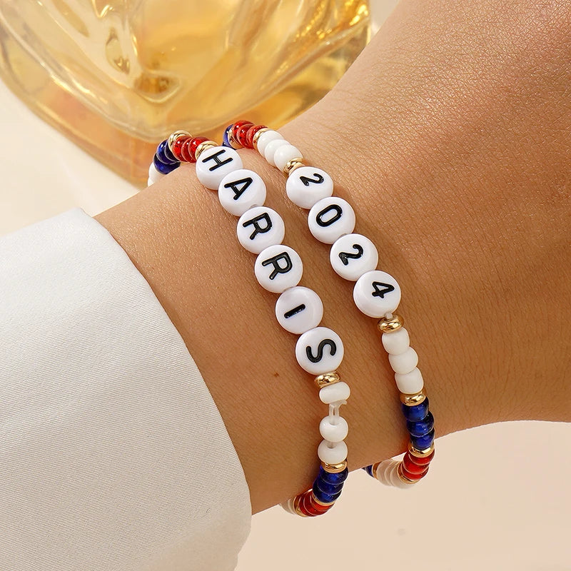 Bohemian Style American Flag Bead Bracelet Set with Voting Campaign Cards - 2 Pieces