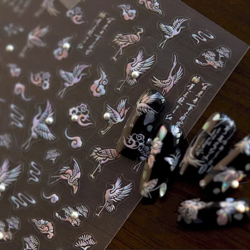 Colorful Bird Nail Art Stickers 5D Relief Butterfly Flower Dragon Decals