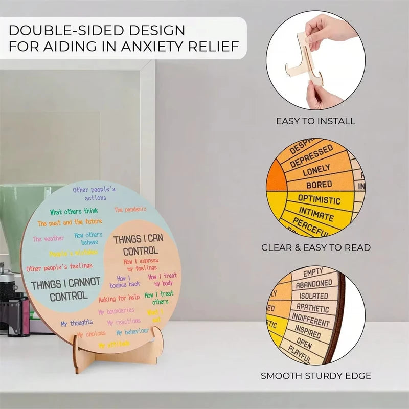 Feelings Wheel Therapy Desk Decor - Double-Sided Emotions Chart with Stand