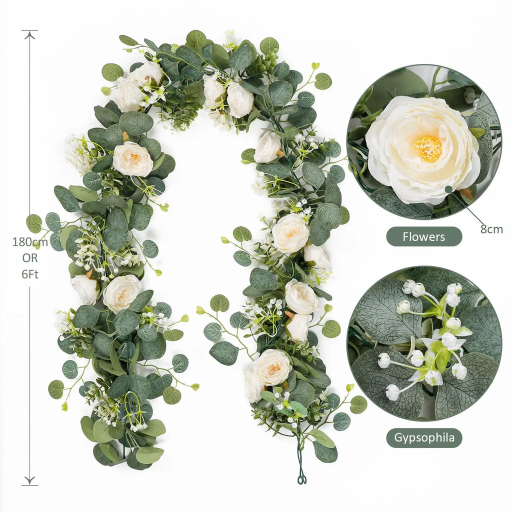 Artificial Garland with Eucalyptus and Dahlia Flowers for Wedding & Party Decor