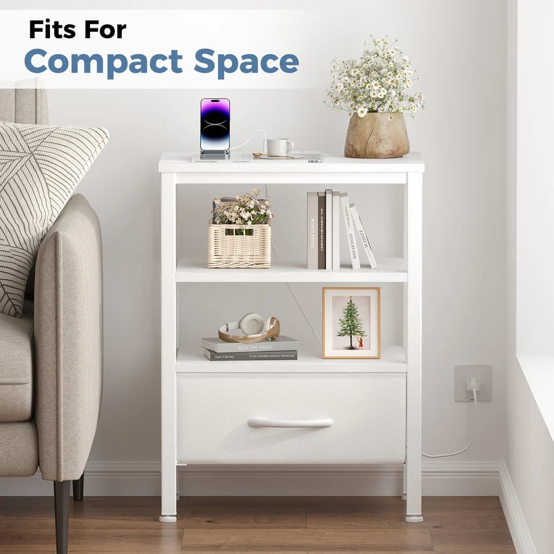 Nightstand with Fabric Drawers, LED Light Strip & Charging Station - Compact Bedside Table with Storage