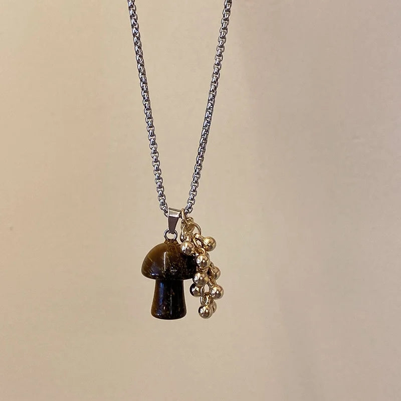 Spotted Tiger Eye Stone Mushroom Pendant Necklace with Versatile Chain for Women