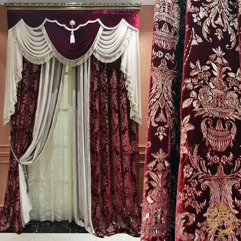 Wine Red Silk Velvet Embroidered Floral Curtains for Living Room & Bedroom