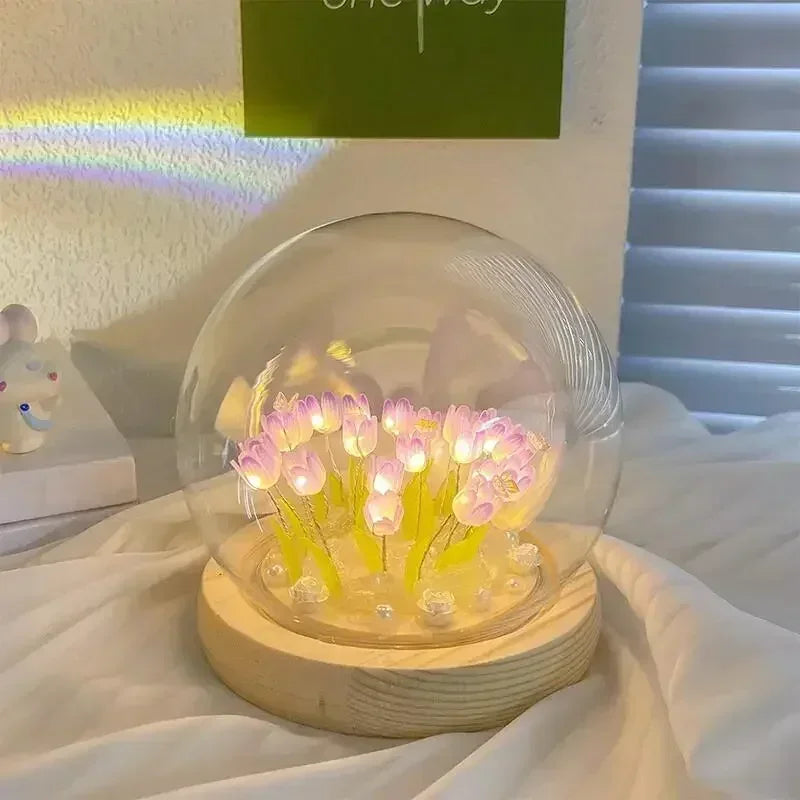 DIY Tulip Night Light with Wooden Base - Handmade LED Bedroom Decor