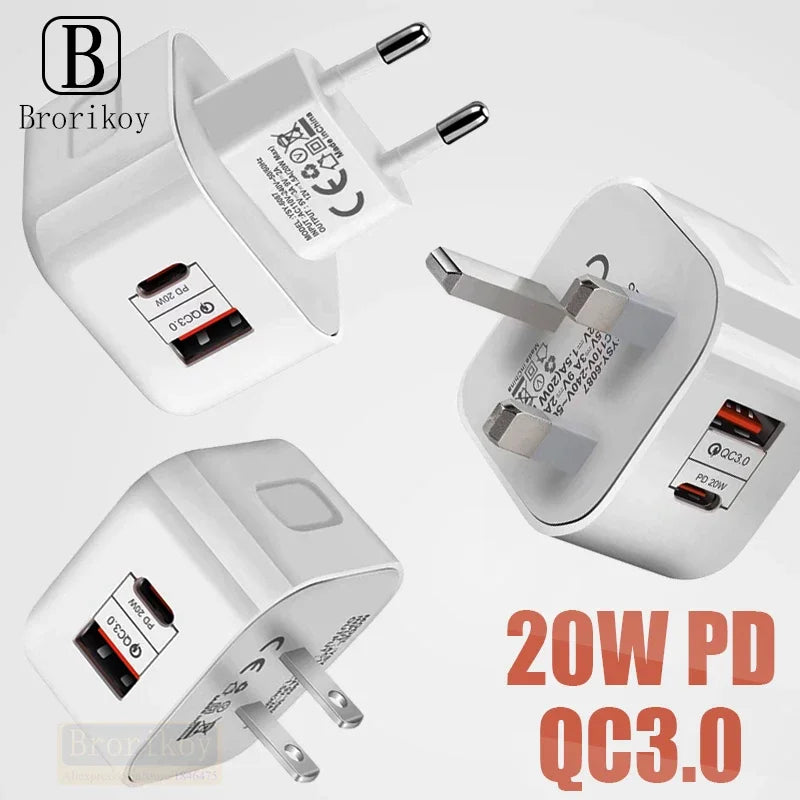 20W Fast Charging USB Wall Adapter with QC 3.0 & PD for iPhone & Samsung