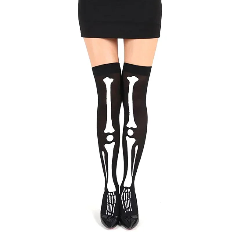 Women's Gothic Skeleton Bones Print Long Socks - Halloween Streetwear