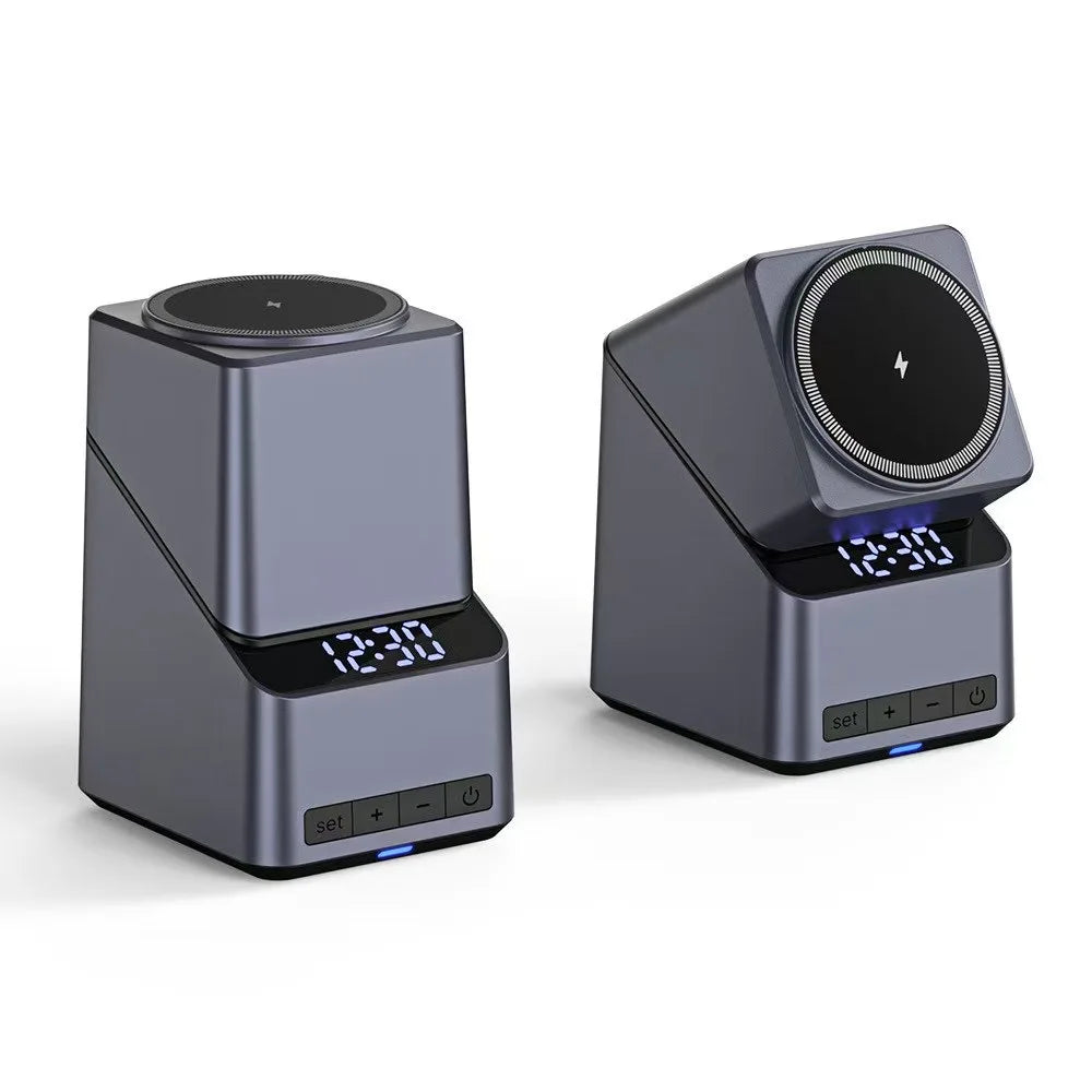4-in-1 Magnetic Wireless Charger Station with Digital Clock, Fast Charging for iPhone, Apple Watch, AirPods, 180° Rotation