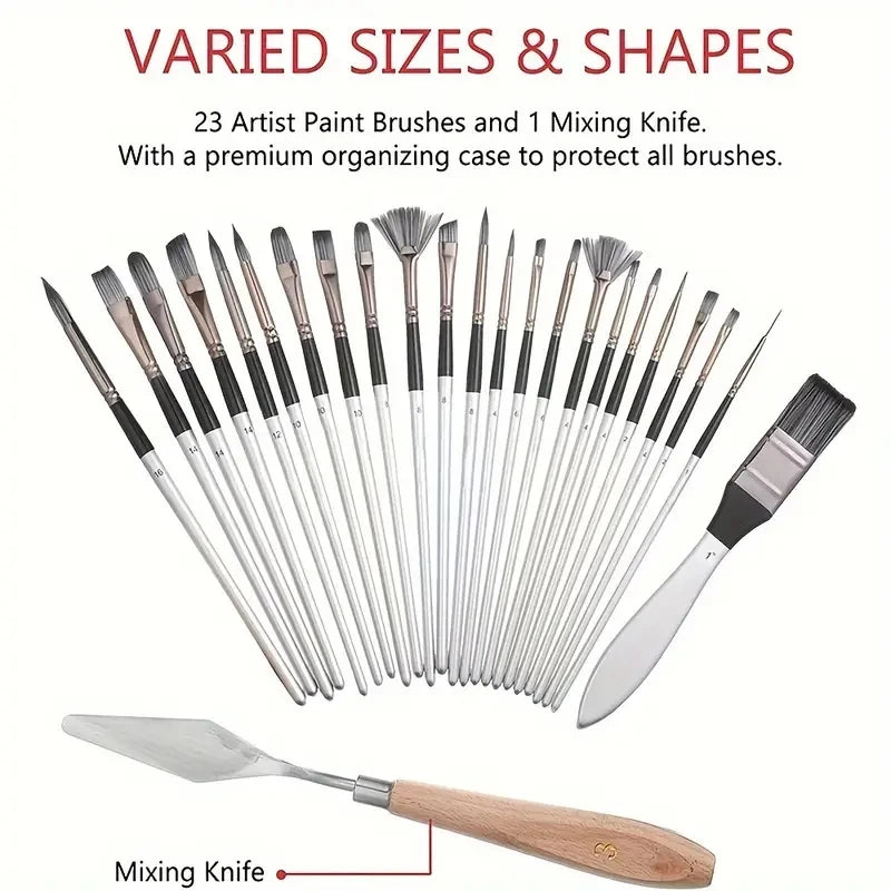 24-Piece Artist Paint Brush Set - Assorted Flat, Round, Fan & Detail Brushes with Soft Bristles