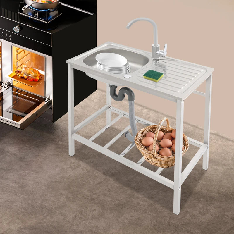 Commercial Kitchen Sink with Operation Countertop and 360° Faucet, Large Single Bowl Stainless Steel