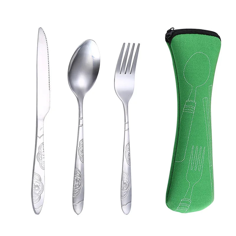 Portable Camping Tableware Set with Washable Zipper Pouch - 3-Piece Stainless Steel Cutlery Kit for Travel and Household Use