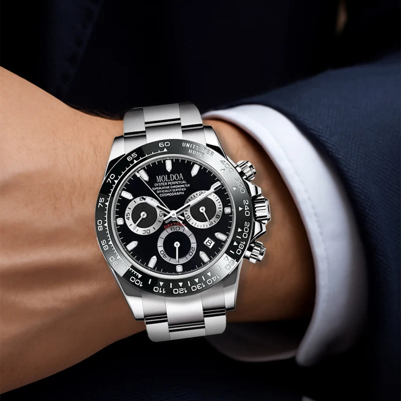 Men's Silver Steel Strap Trendy Business Quartz Watch with Multi-Function