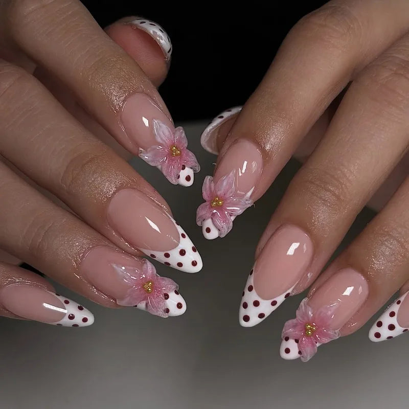 24Pcs Fake Nail Set with 3D Embossed Flowers Leopard Polka Dot Design – Almond Tips, Press-On Nails for Women & Girls
