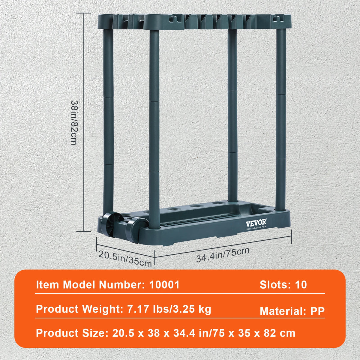 Garden Tool Organizer Rack with 10 Slots for Garage and Shed Storage