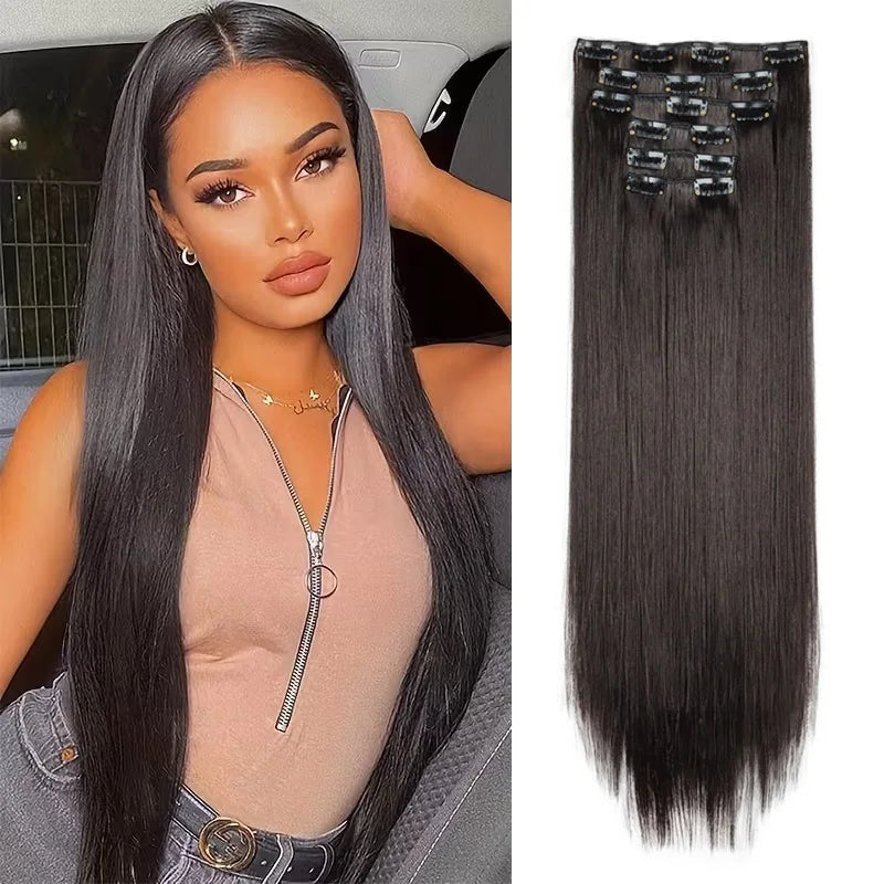 6-Piece Set Long Straight Clip-In Hair Extensions - 24 Inch Full Head Styling