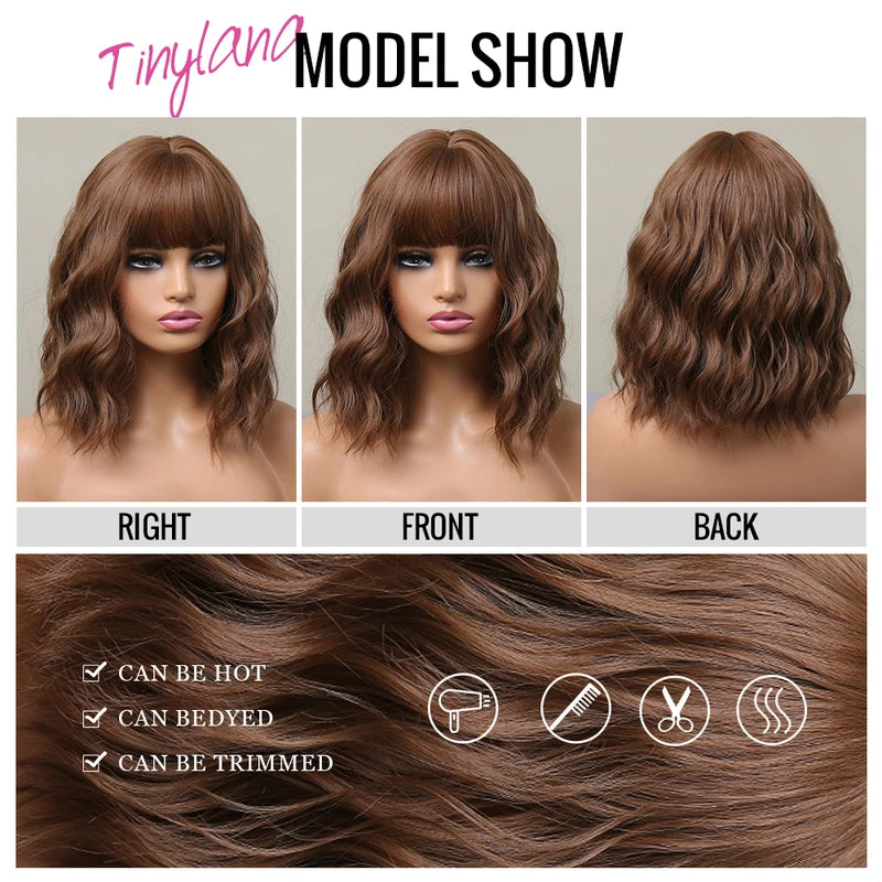 Short Wavy Honey Brown Copper Synthetic Wig with Bangs for Women - Heat-Resistant Cosplay & Daily Use