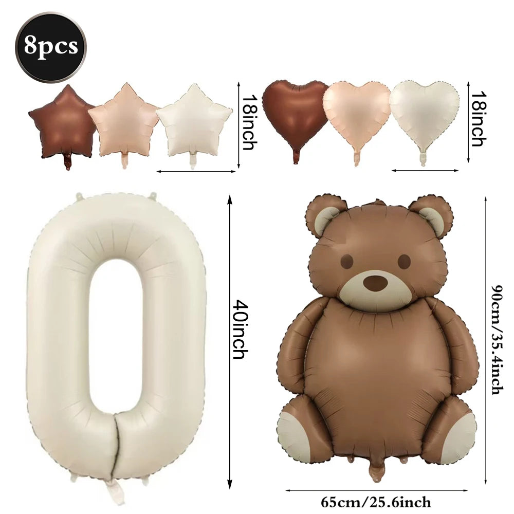 Inflatable Brown Bear Foil Balloon with Cream Number for Baby Shower Birthday Party