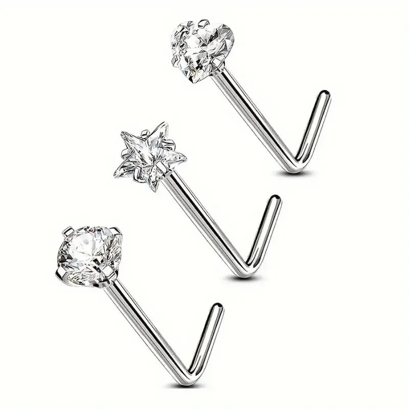 3-Piece Heart Star Zirconia Nose Stud Set - Stainless Steel Nostril Jewelry for Women Girls