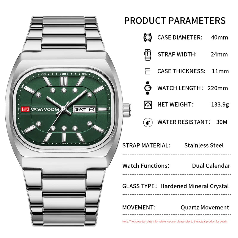 Men's 40mm Square Stainless Steel Quartz Watch - Waterproof Business & Sport Style