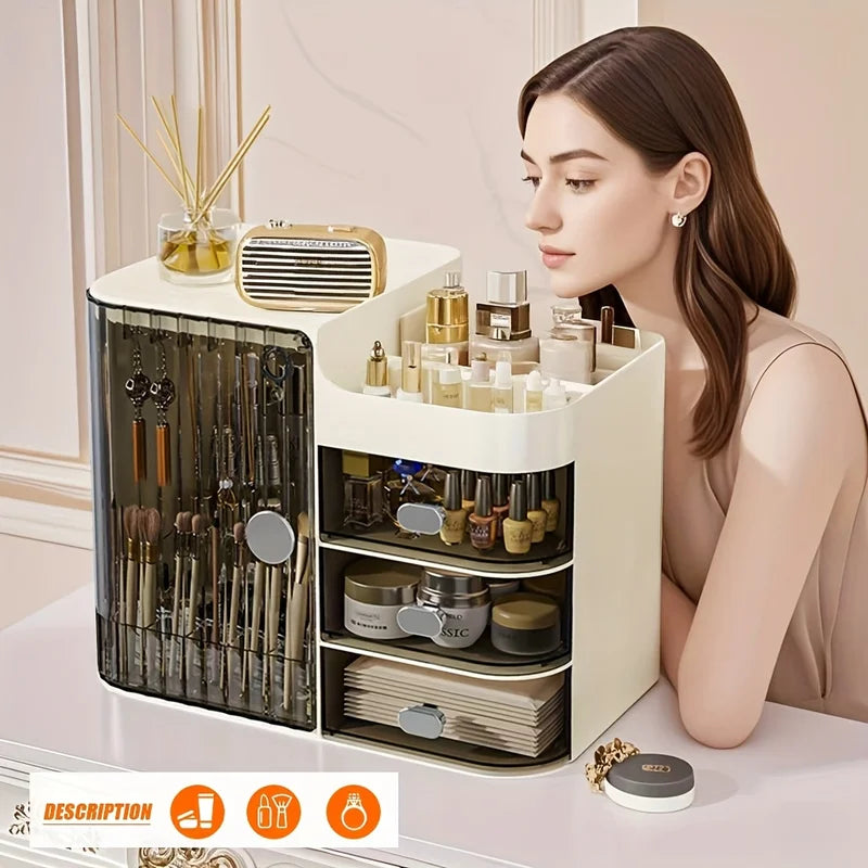 Beige Cosmetic Storage Box with 3 Drawers and Mirror - High Capacity Makeup Organizer