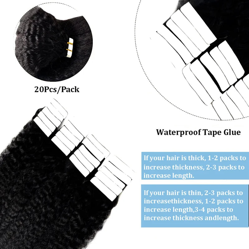 Kinky Straight Tape-in Hair Extensions 100% Human Hair Brazilian Natural Black