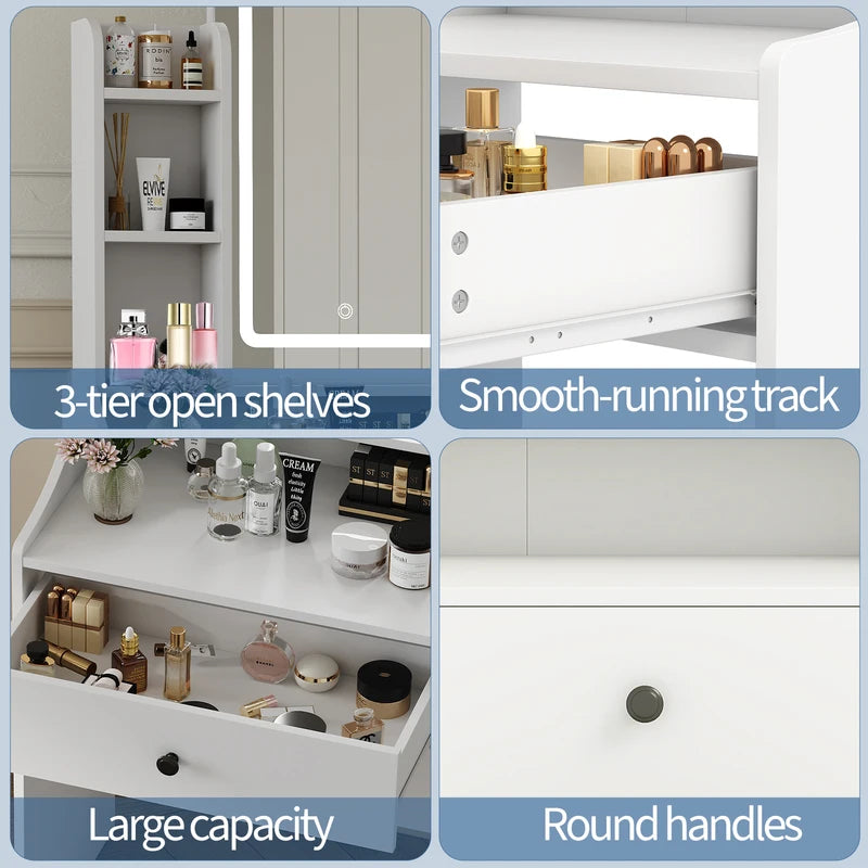 Living Room Wood Cabinet with LED Mirror & Makeup Vanity Storage - Small Nightstand & Coffee Table