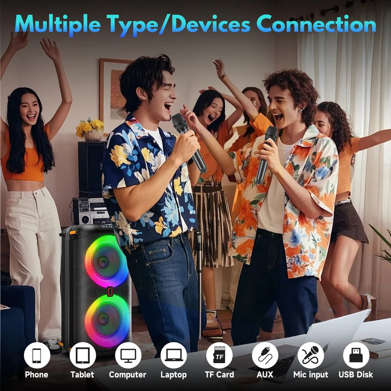 Wireless Bluetooth Karaoke Speaker with 2 Microphones, LED Lights, TWS Stereo, 24H Battery