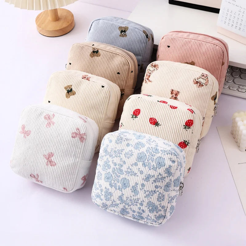 Multi-Functional Corduroy Small Square Storage Bag with Cotton Lipstick & Headphone Holder
