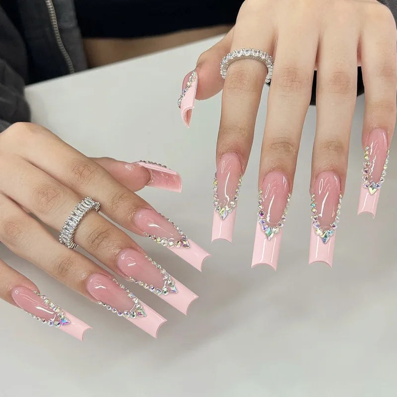 24Pcs Long Square French Fake Nail Tips with 3D Love Heart & Rhinestone Design