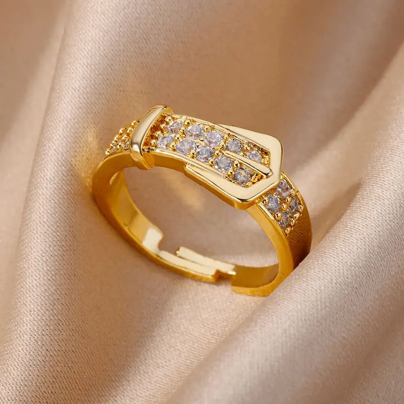Adjustable Stainless Steel Belt Rings for Women Zircon Geometric Wedding Jewelry