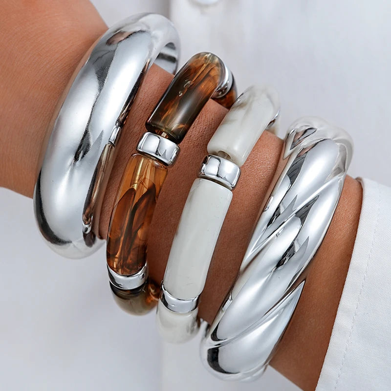 Set of 4 Geometric Wide Metal Bangles for Women - Minimalist Chunky Cuff Jewelry