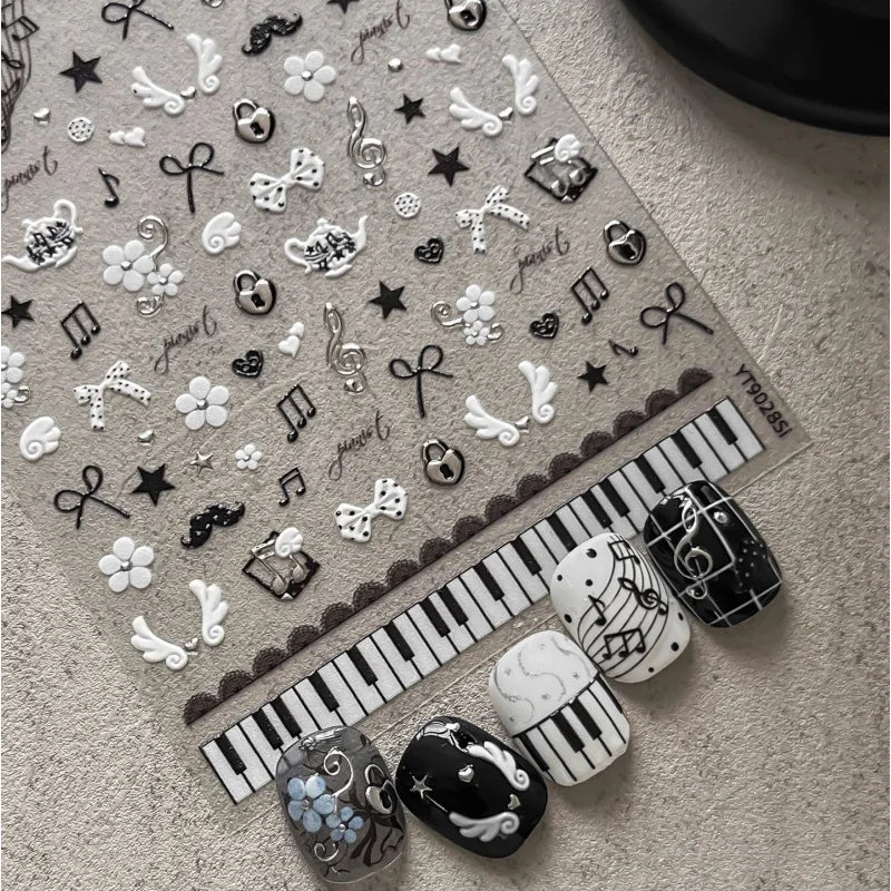 Music Style Nail Stickers - Piano Note Retro 3D Self-Adhesive Nail Art Decals