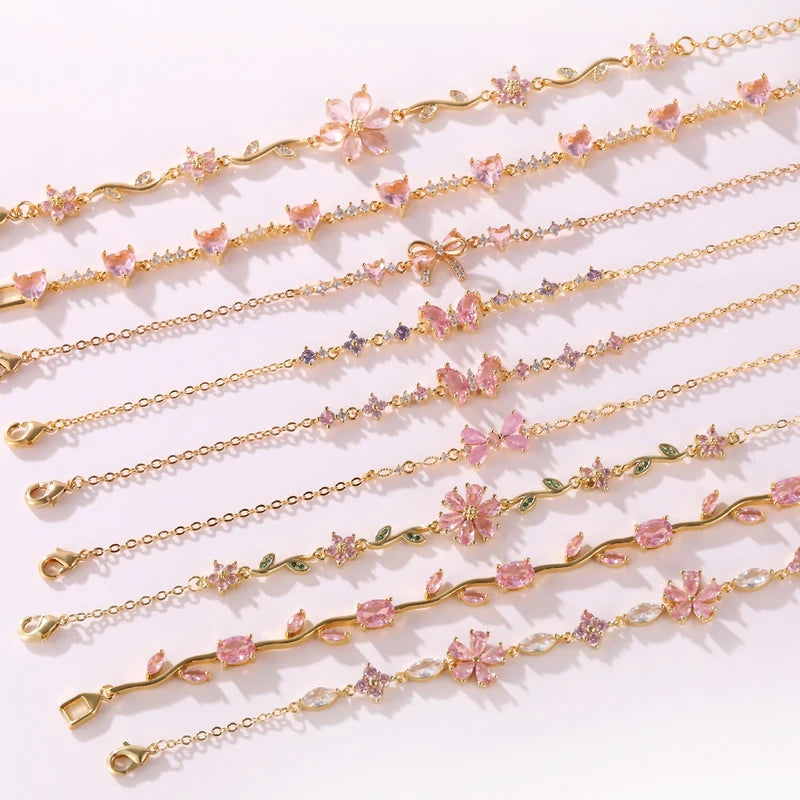Pink Zirconia Crystal Flower Bow Bracelet for Women Adjustable 18K Gold Plated