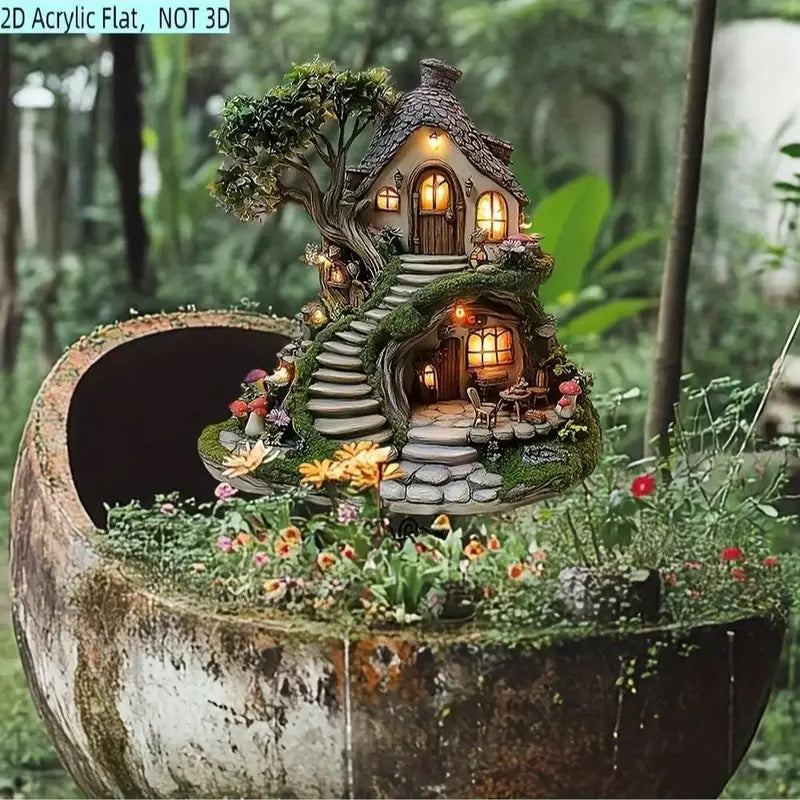 Whimsical Treehouse Garden Stake for Outdoor Potted Plants and Flower Beds
