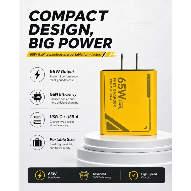 65W GAN Multi-Port Travel Charger Kit with UK EU US Plugs & 1M Braided USB-C Cable